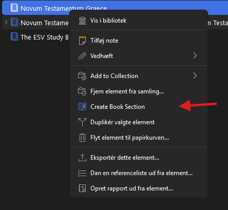 Skærmbillede af hvordan man tilføjer en bogsektion